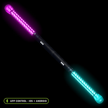 LED Staff Kit with Butterfly tubes, lit magenta at one end and cyan at the other, two RGB Critter BT light engines joined back to back, app control on iOS and Android