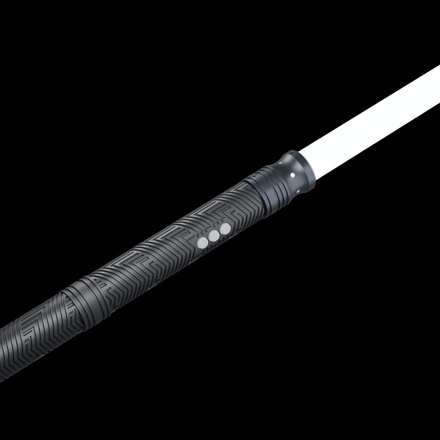 One end of the LED Staff Kit: RGB Critter BT light engine with white-lit buttons, the black tube adapter and a glowing Sol tube