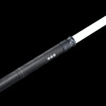 One end of the LED Staff Kit: RGB Critter BT light engine with white-lit buttons, the black tube adapter and a glowing Sol tube