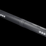 Close-up of the LED Staff Kit center joint: two RGB Critter BT light engines meeting on the Critter Connector, black textured grips and white-lit control buttons