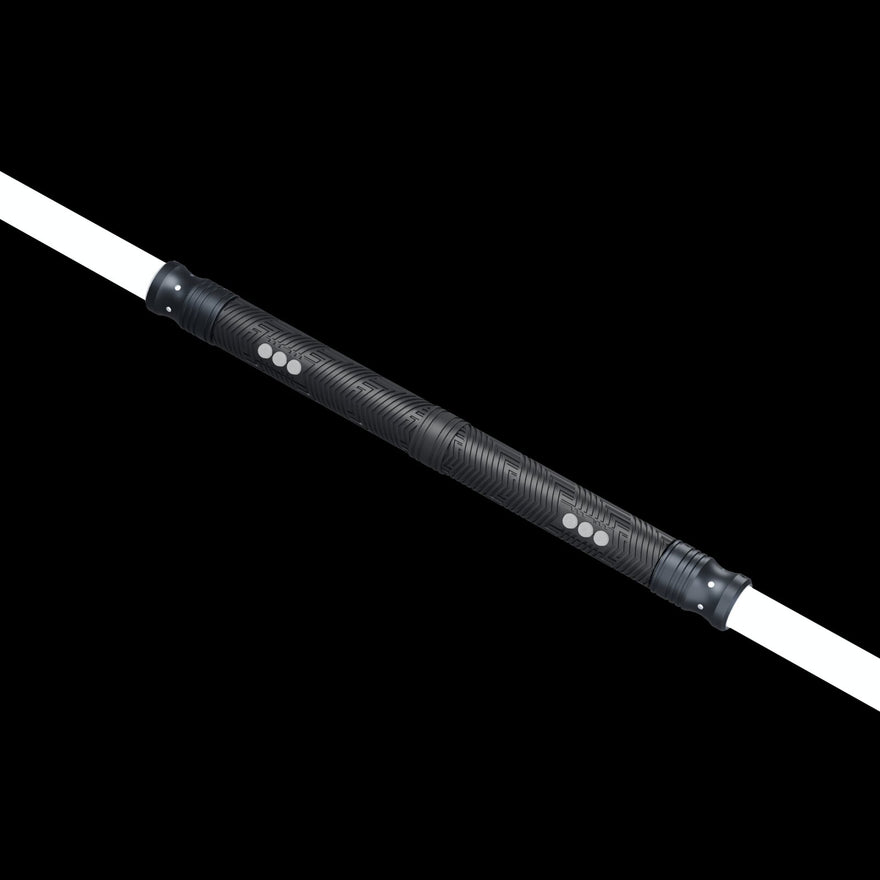 LED Staff Kit handle: two RGB Critter BT light engines joined back to back on the Critter Connector, black textured grips with white-lit buttons, tube adapters at each end and glowing Sol tubes