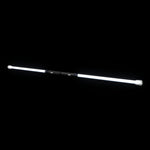 LED Staff Kit turned on: two RGB Critter BT flashlights joined back to back by the Critter Connector, a 24 inch Sol tube glowing bright white on each end, clear silicone flow cap pushed onto both tube tips