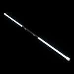 LED Staff Kit turned on: two RGB Critter BT flashlights joined back to back by the Critter Connector, a 24 inch Sol tube glowing bright white on each end, clear silicone flow cap pushed onto both tube tips
