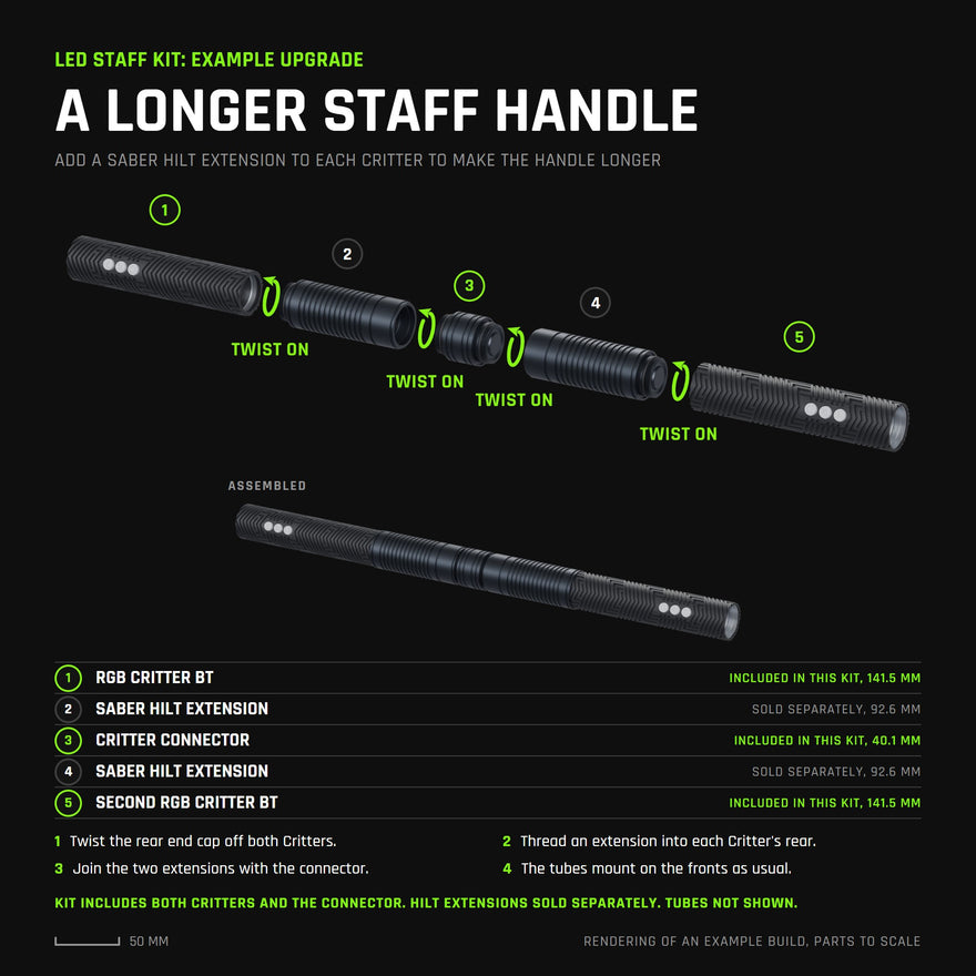 Rendering of an example upgrade, every part to scale: the LED Staff Kit's two RGB Critter BTs and Critter Connector with a Saber Hilt Extension added to each Critter to make the staff handle longer. The kit includes both Critters and the Critter Connector; the Saber Hilt Extensions are sold separately. Tubes not shown.