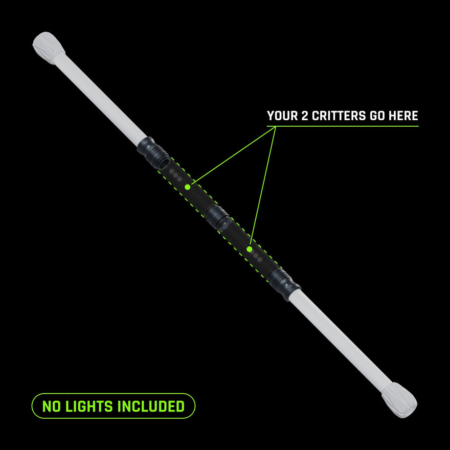 No lights included: the dashed outlines show where the two RGB Critter BTs you already own fit. LED Staff built: two white saber tubes with clear silicone tip caps, black tube adapters and the Critter Connector joining the Critters back to back, on black.