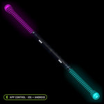 LED Staff (No Light) with Stellar tubes, lit magenta at one end and cyan at the other, shown on two RGB Critter BT light engines joined back to back. No lights included; it runs on the two RGB Critter BTs you already own.