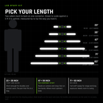 LED Staff Kit length chart: six staff lengths from 23 to 83 inches drawn to scale against a 5 ft 9 in spinner, each built from two sabers back to back on one connector.