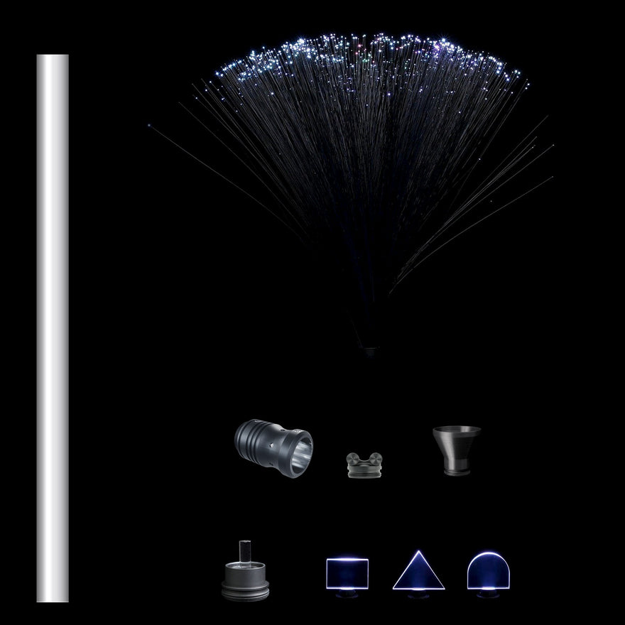 Light Painting Tool Pack, no light included: 17 in light painting tube, black fiber optic duster, long tube adapter, blade holder, Illuminator, acrylic writer and mini blade set, drawn to scale