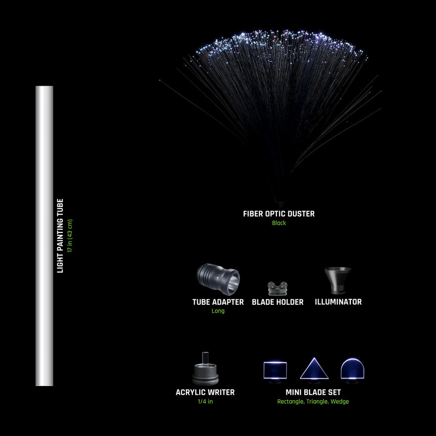 Light Painting Tool Pack parts labelled: Light Painting Tube 17 in (43 cm), Fiber Optic Duster black, Tube Adapter long, Blade Holder, Illuminator, Acrylic Writer 1/4 in, Mini Blade Set