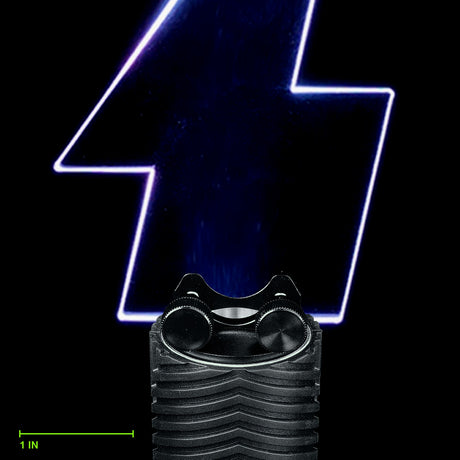 Lightning Blade clamped in the Light Painting Blade Holder on an RGB Critter BT Light Engine, thumbscrews tightened, shown to scale. Blade is 6 in (15 cm) long