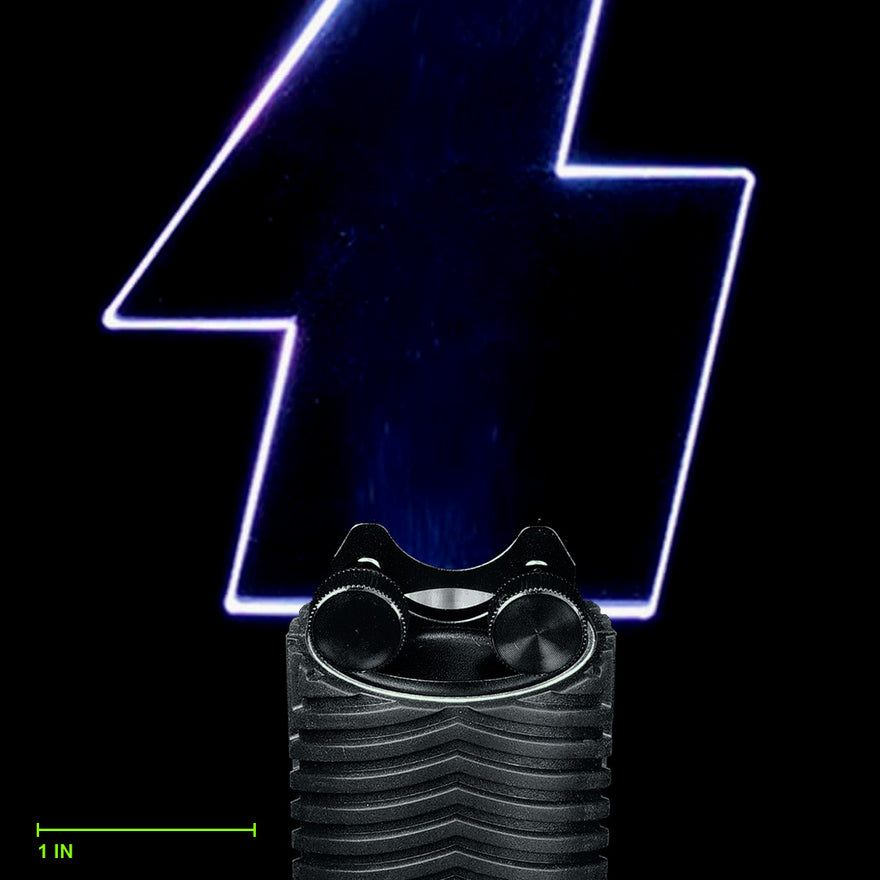 Lightning Blade clamped in the Light Painting Blade Holder on an RGB Critter BT flashlight, thumbscrews tightened, shown to scale. Blade is 6 in (15 cm) long