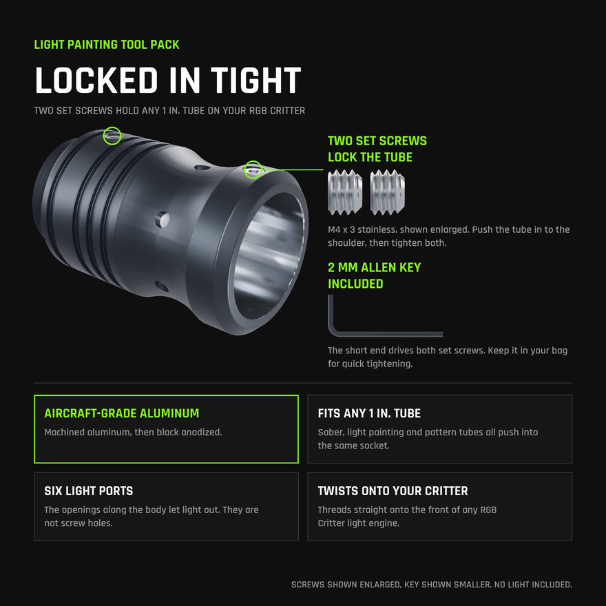 Light Painting Tool Pack (No Light): the RGB Critter Tube Adapter Long locks any 1 inch tube with two M4 set screws, 2 mm Allen key included; aircraft-grade black anodized aluminum, six light ports, twists onto any RGB Critter.