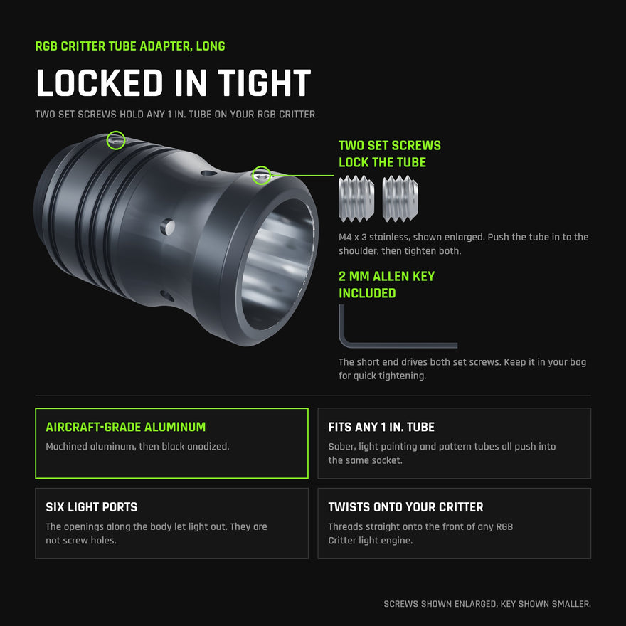 RGB Critter Tube Adapter - Long: the RGB Critter Tube Adapter Long locks any 1 inch tube with two M4 set screws, 2 mm Allen key included; aircraft-grade black anodized aluminum, six light ports, twists onto any RGB Critter.