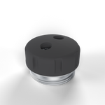 Modular End Cap — machined aluminum base with matte-black silicone cap held by two screws