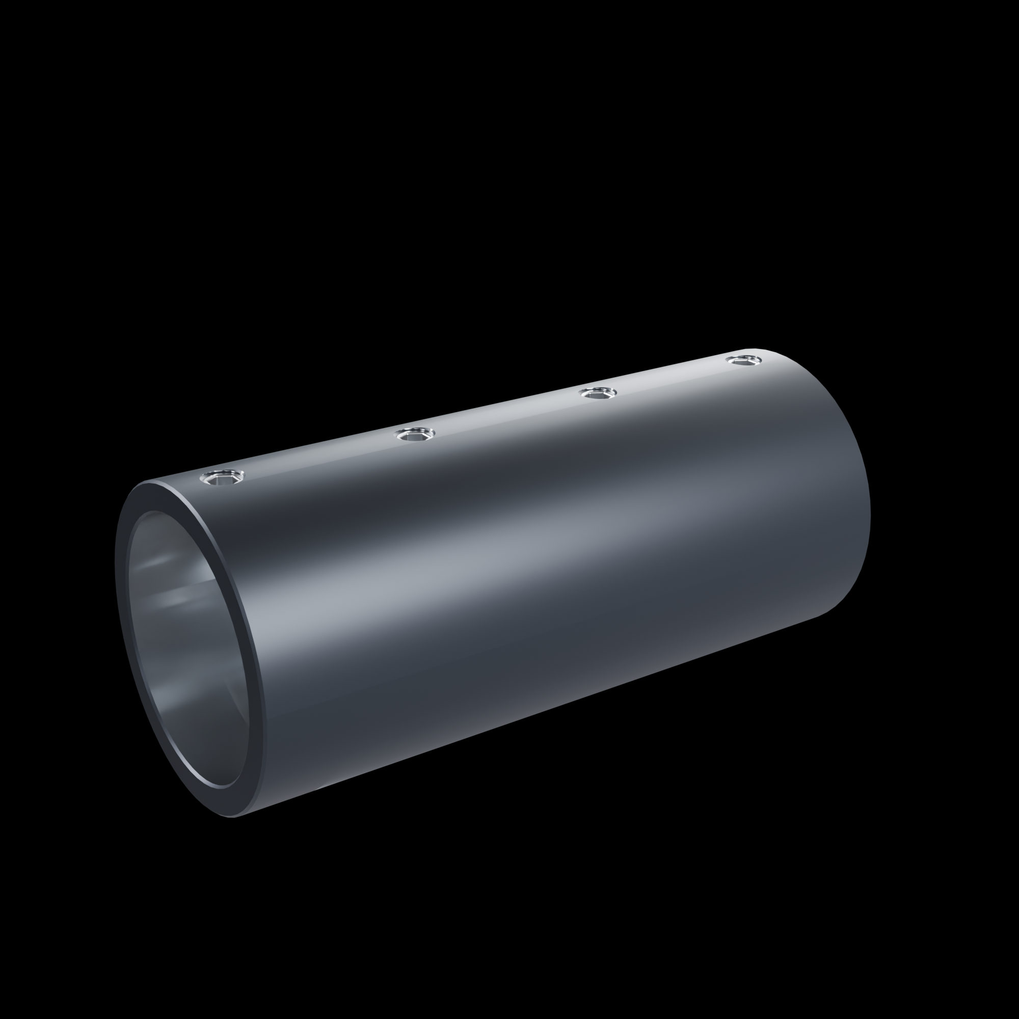 Modular Saber Tube Connector on black, three-quarter view: matte anodized black 6061 barrel with a polished bare aluminium bore and all four M5 x 0.8 x 4 stainless set screws installed, two per side.