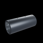 Modular Saber Tube Connector on black, three-quarter view: matte anodized black 6061 barrel with a polished bare aluminium bore and all four M5 x 0.8 x 4 stainless set screws installed, two per side.