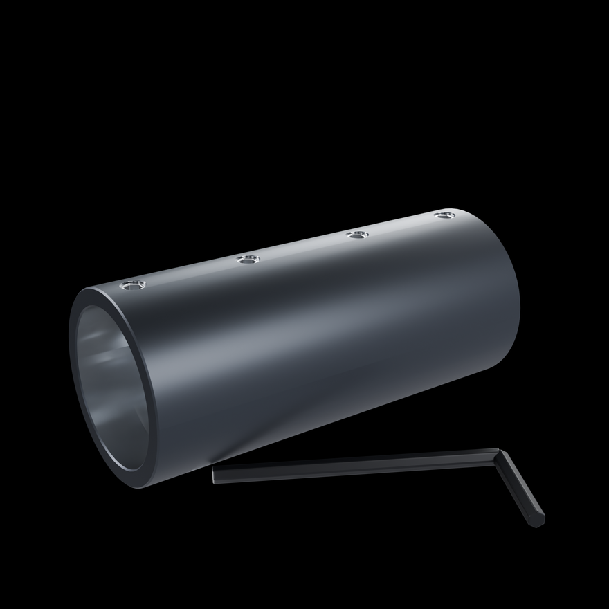 What ships: the Modular Saber Tube Connector with all four M5 x 0.8 x 4 stainless set screws preinstalled, two per side, and the 2.5 mm blackened steel Allen key that drives them.