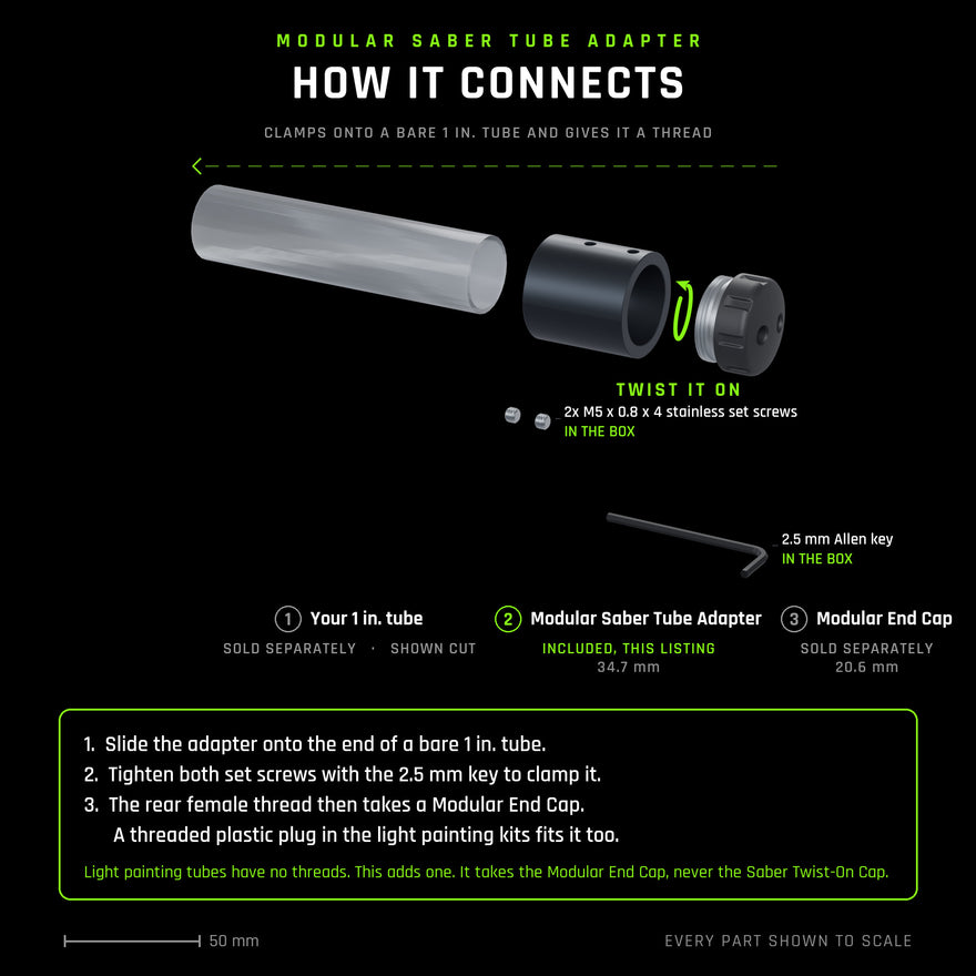 Exploded view to scale: the Modular Saber Tube Adapter clamps onto a bare 1 inch tube with two M5 x 0.8 x 4 set screws, and its rear female thread then takes a Modular End Cap, or the threaded plastic plug included in the light painting kits. It does not take the Saber Twist-On Cap, which fits saber tubes only.