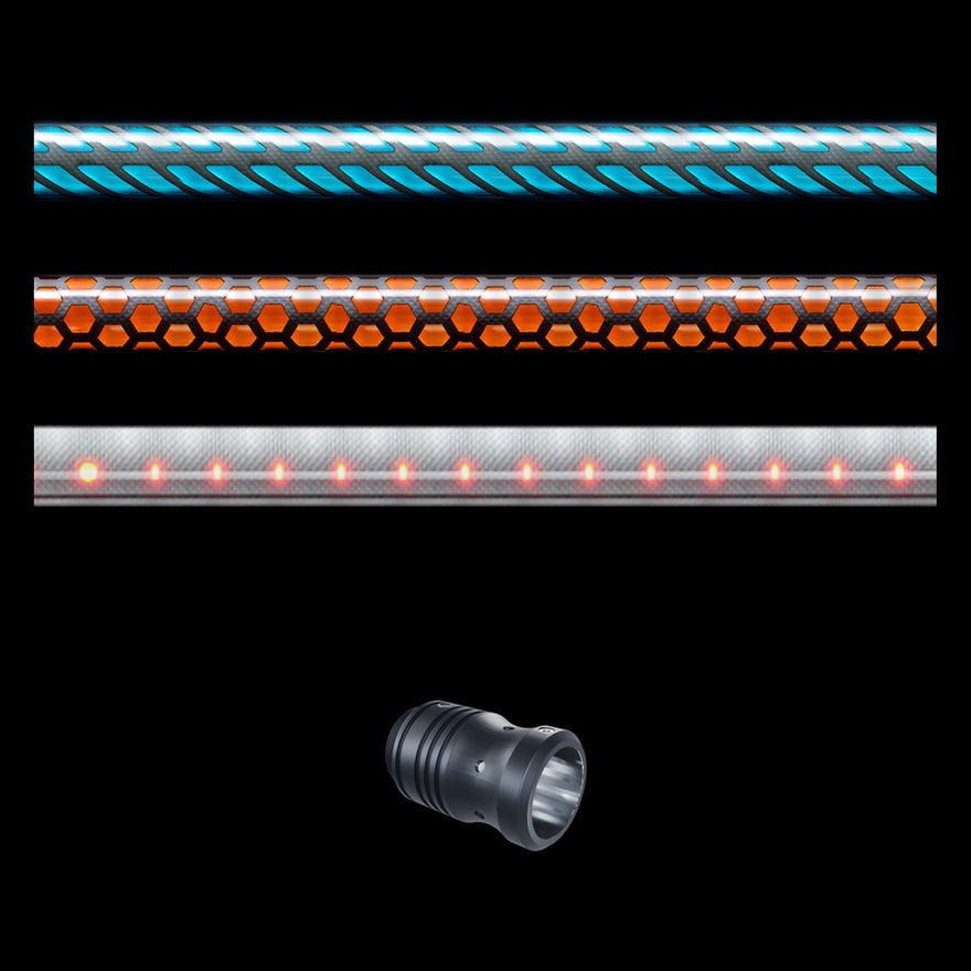 Pattern Tube Set: Butterfly, Honeycomb and Dots Combo 11 in light painting tubes with an RGB Critter Tube Adapter, drawn to scale