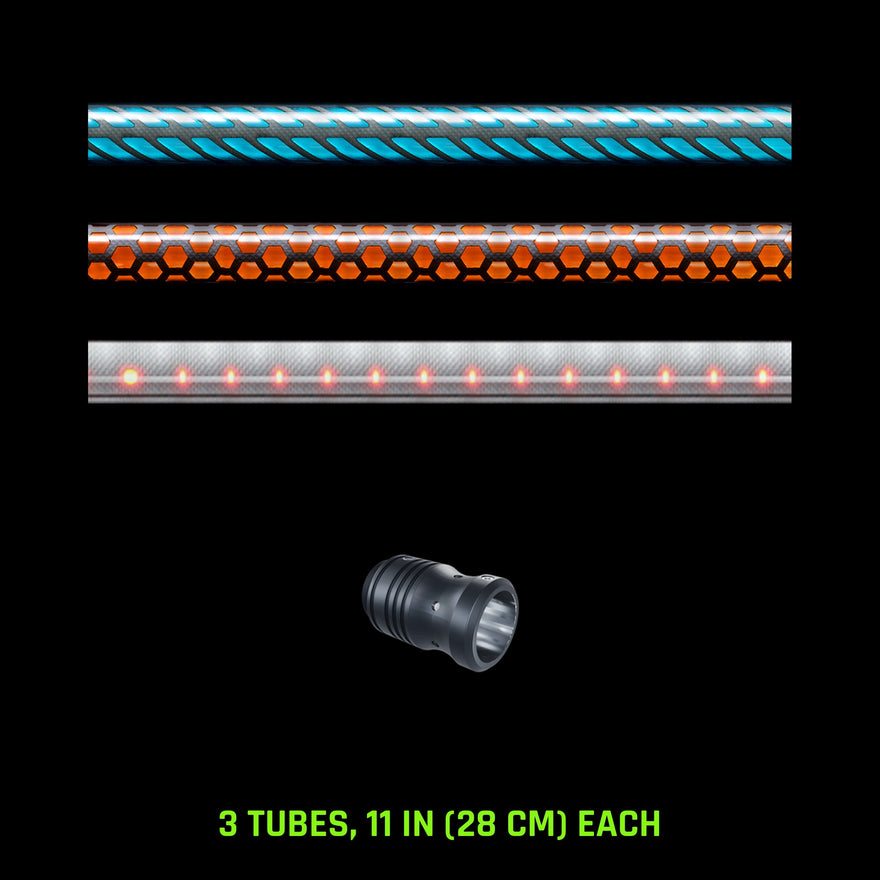 Pattern Tube Set, 11 in (28 cm): Butterfly, Honeycomb and Dots Combo light painting tubes with an RGB Critter Tube Adapter, drawn to scale