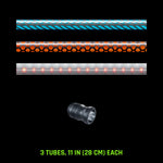 Pattern Tube Set, 11 in (28 cm): Butterfly, Honeycomb and Dots Combo light painting tubes with an RGB Critter Tube Adapter, drawn to scale