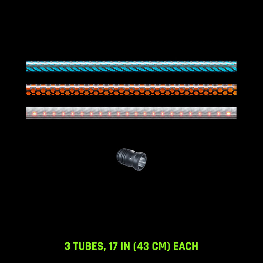 Pattern Tube Set, 17 in (43 cm): Butterfly, Honeycomb and Dots Combo light painting tubes with an RGB Critter Tube Adapter, drawn to scale