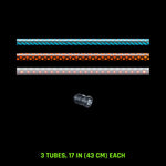 Pattern Tube Set, 17 in (43 cm): Butterfly, Honeycomb and Dots Combo light painting tubes with an RGB Critter Tube Adapter, drawn to scale