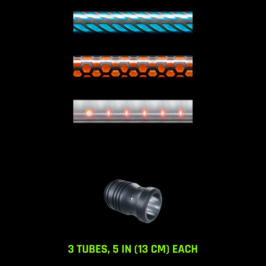 Pattern Tube Set, 5 in (13 cm): Butterfly, Honeycomb and Dots Combo light painting tubes with an RGB Critter Tube Adapter, drawn to scale