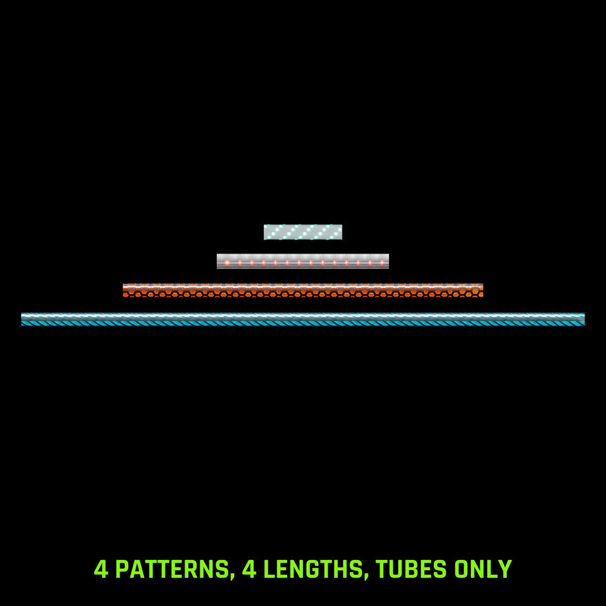Pattern Tube Variety Pack, Tubes Only: Spiral Dots 5 in, Dots Combo 11 in, Honeycomb 23 in and Butterfly 36 in light painting tubes, drawn to scale