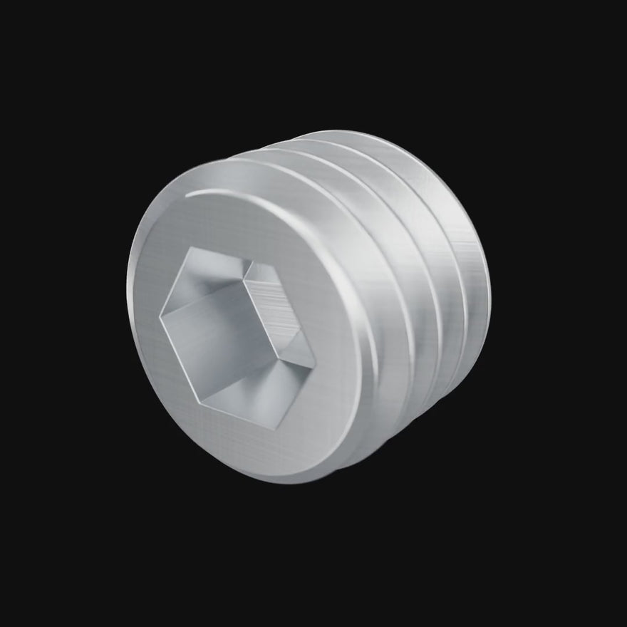 Tube Adapter & Connector Set Screw (M5 x 0.8 × 4mm) rotating 360 degrees on black.