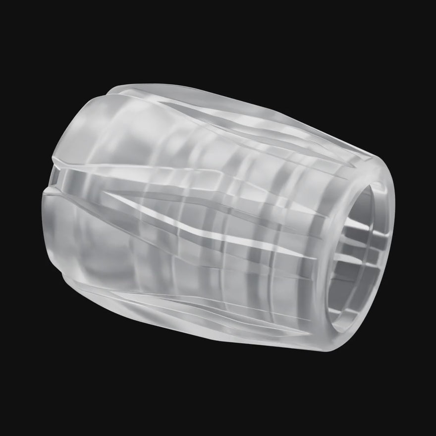 Silicone Saber Cap in clear turning a full 360 degrees.