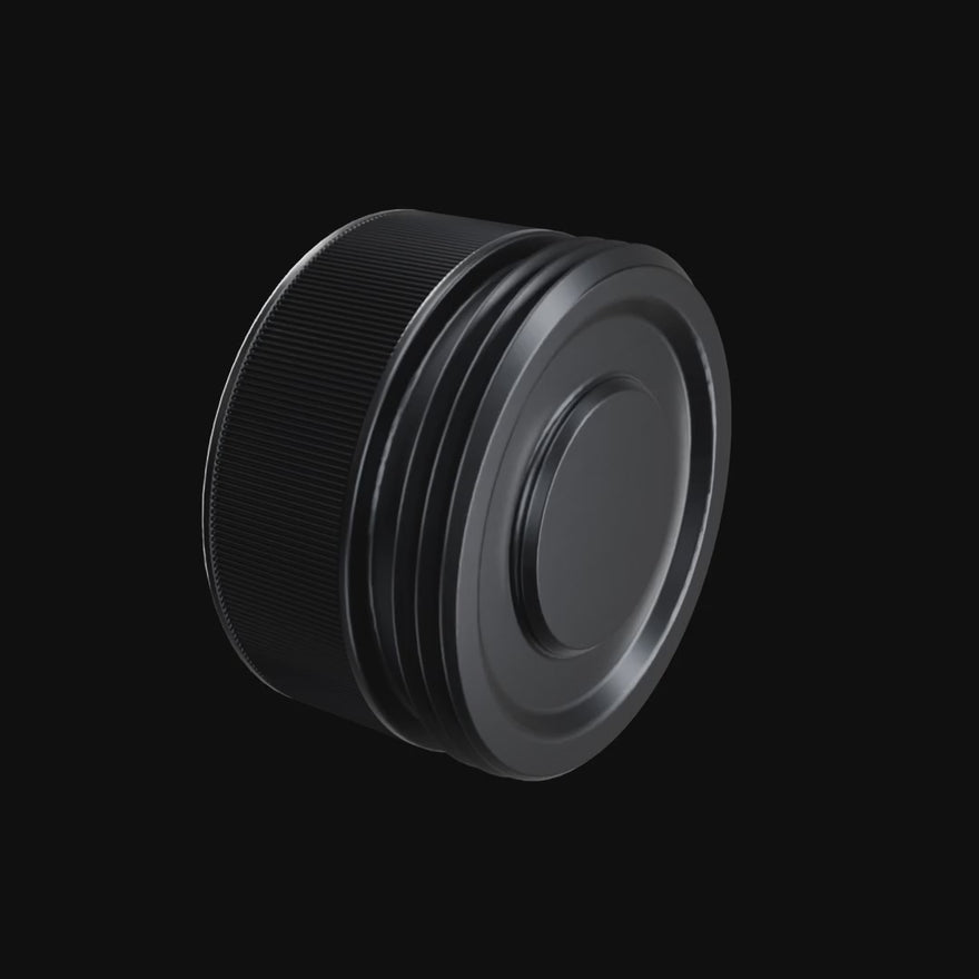 Tripod Mount Adapter turning 360 degrees: knurled grip, 1-1/16 inch thread and 1/4-20 tripod hole in matte black anodized aluminum