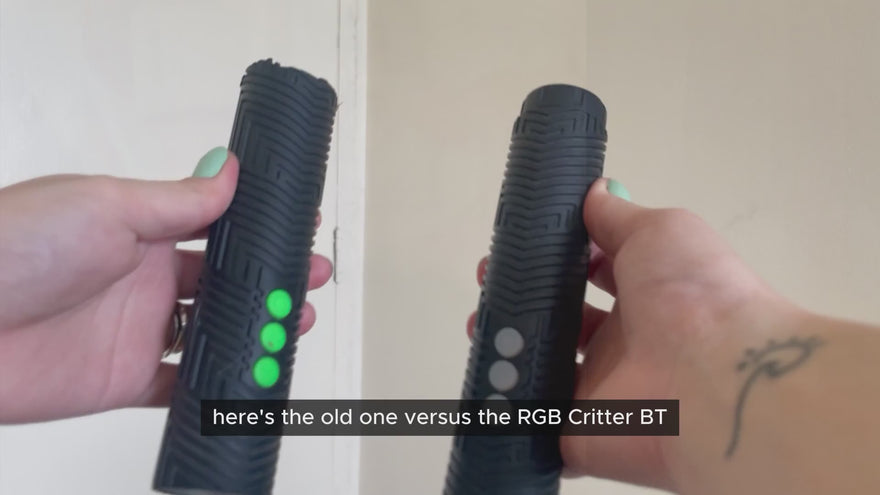 Customer video: the original Critter next to the RGB Critter BT, then the BT's screw-on cap coming off and a USB-C cable plugging in. Filmed by Micah Enguio.