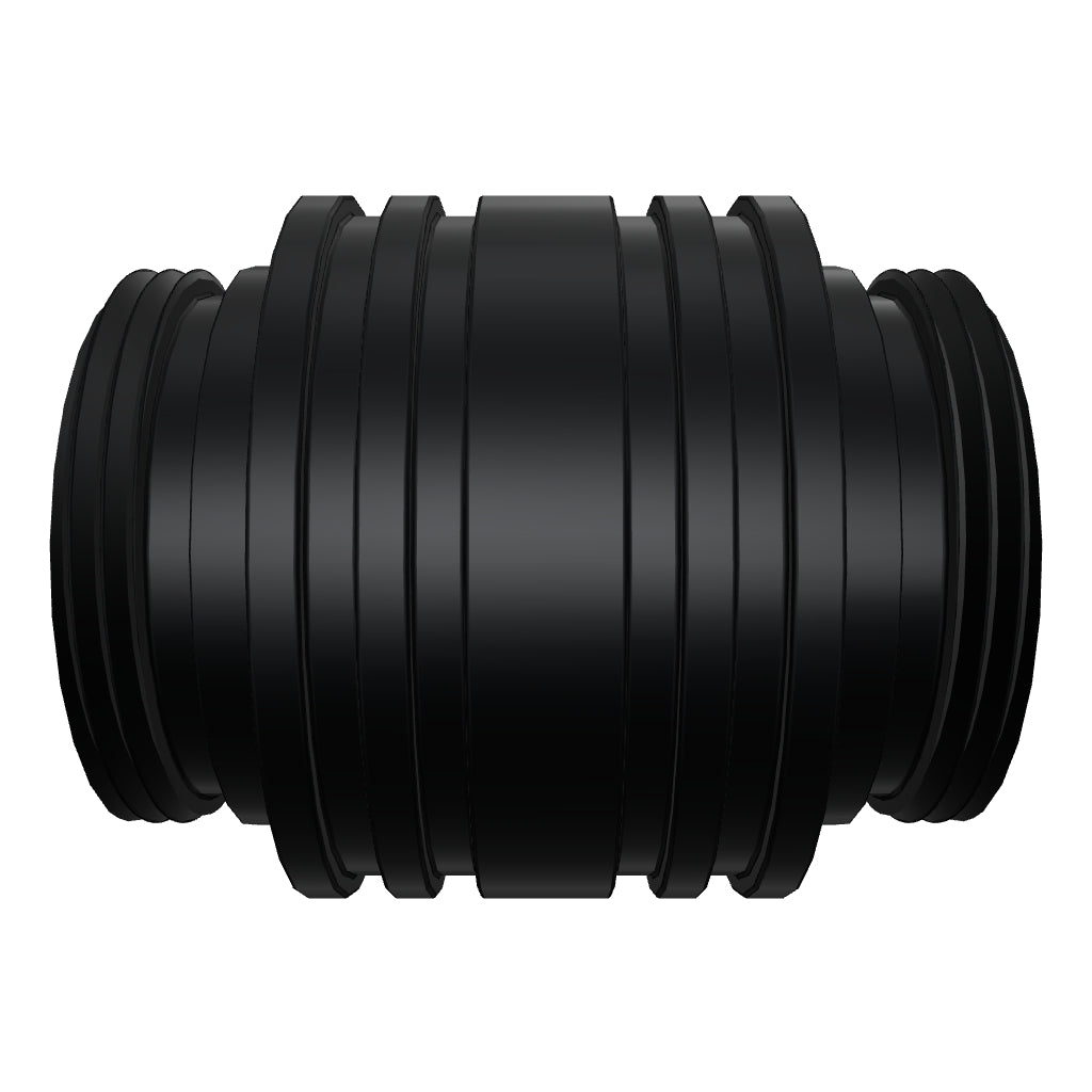 Interactive 3D model of the Critter Connector, a ribbed anodized-black aluminum adapter that joins two RGB Critter BT flashlights back-to-back