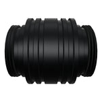 Interactive 3D model of the Critter Connector, a ribbed anodized-black aluminum adapter that joins two RGB Critter BT flashlights back-to-back