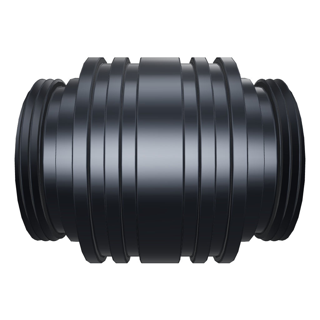 Interactive 3D model of the Critter Connector, a ribbed anodized-black aluminum adapter that joins two RGB Critter BT flashlights back-to-back