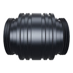 Interactive 3D model of the Critter Connector, a ribbed anodized-black aluminum adapter that joins two RGB Critter BT flashlights back-to-back