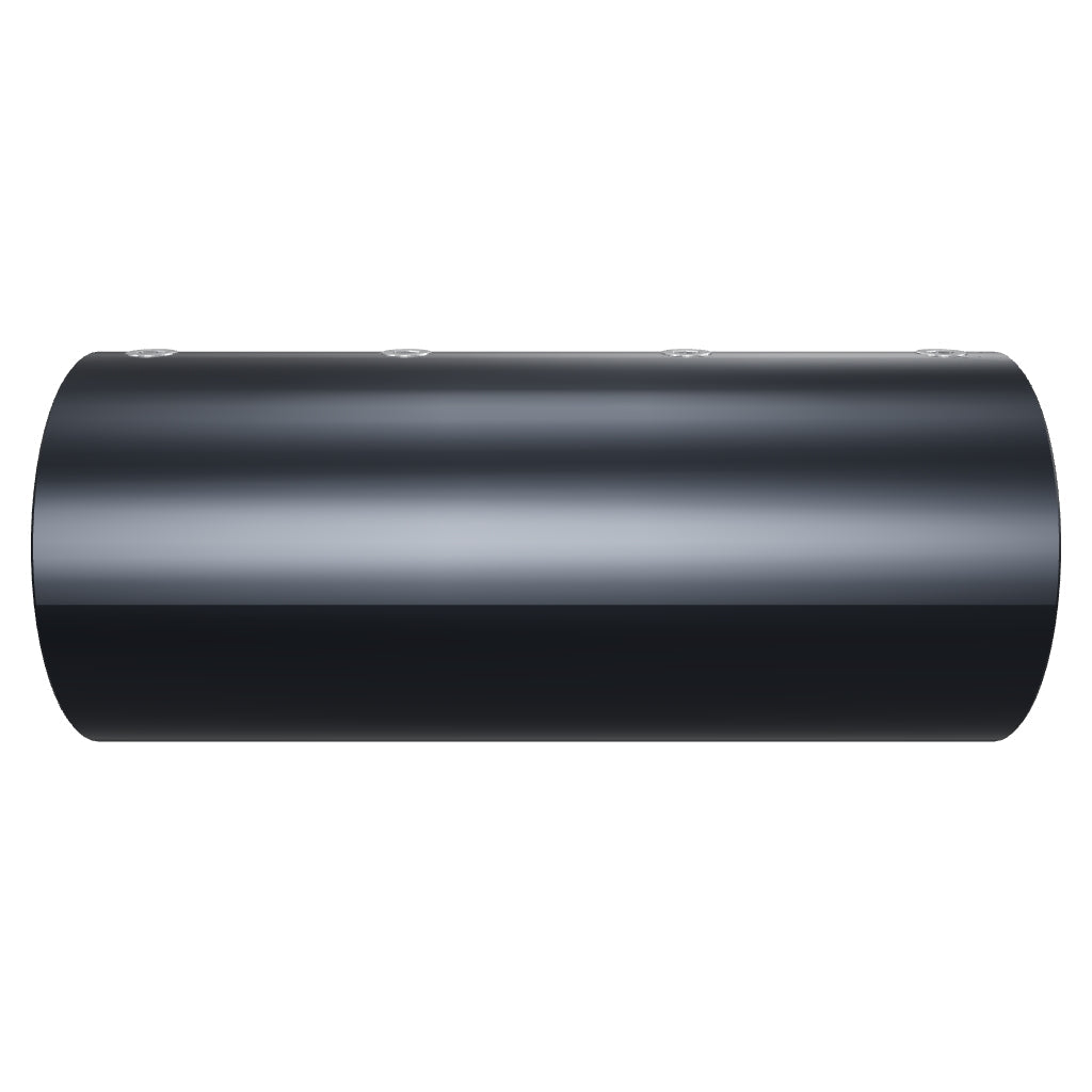 Interactive 3D model of the Modular Saber Tube Connector, matte black anodized exterior, polished aluminum bore, four stainless set screws