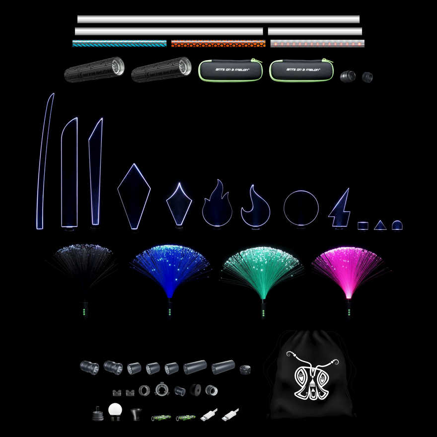 Everything included in the Light Painting Pro Kit, organized to scale: 49 tools. Two RGB Critter BT flashlights, six Light Painting Tubes including the Butterfly, Honeycomb and Dots Combo patterns, ten blades, four Fiber Optic Dusters, tube adapters, connectors and end cap, Sparkler and Small Tube Holders, DIY Connector, Tripod Mount and LPB Adapters, Acrylic Writer, Orb, Illuminator, two batteries, two USB-C cables, two travel cases and a pull-string bag.