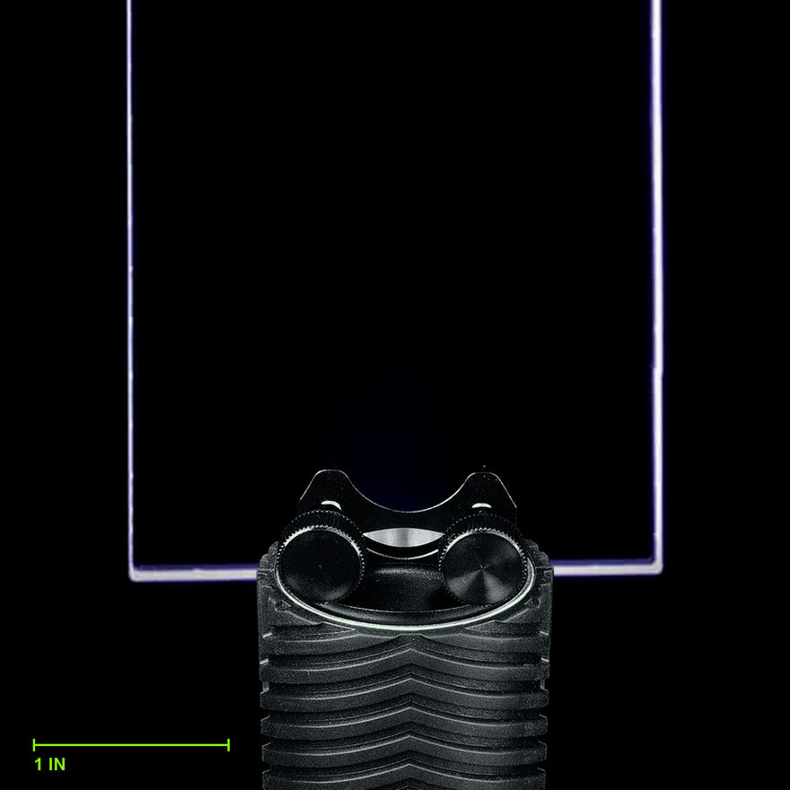 Rectangle Blade clamped in the Light Painting Blade Holder on an RGB Critter BT flashlight, thumbscrews tightened, shown to scale. Blade is 8 in (20 cm) long