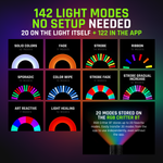142 light modes for the RGB Critter BT: 20 stored on the light itself plus 122 more in the app, shown by family including solid colors, fade, strobe, ribbon, sporadic, color wipe and light healing