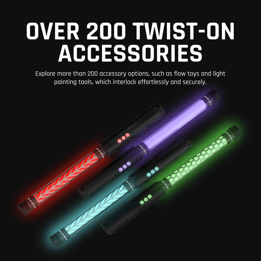 Graphic showing RGB Critter BT flashlights connected to various twist-on light saber accessories