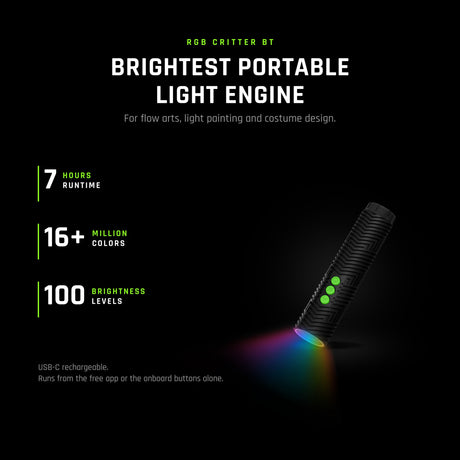 RGB Critter BT, the brightest portable light engine: 7 hours runtime, 16+ million colors, 100 brightness levels, USB-C rechargeable