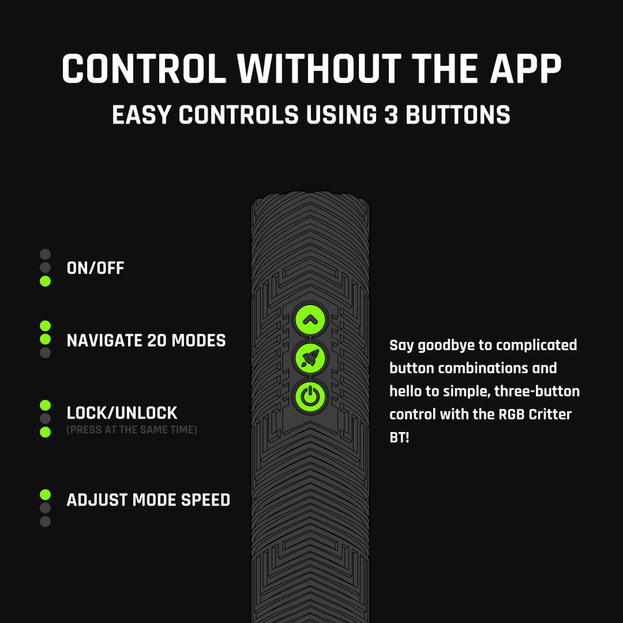 RGB Critter BT: control without the app. Three onboard buttons run 20 stored modes, no phone needed. On/off, navigate 20 modes, lock/unlock, adjust mode speed.