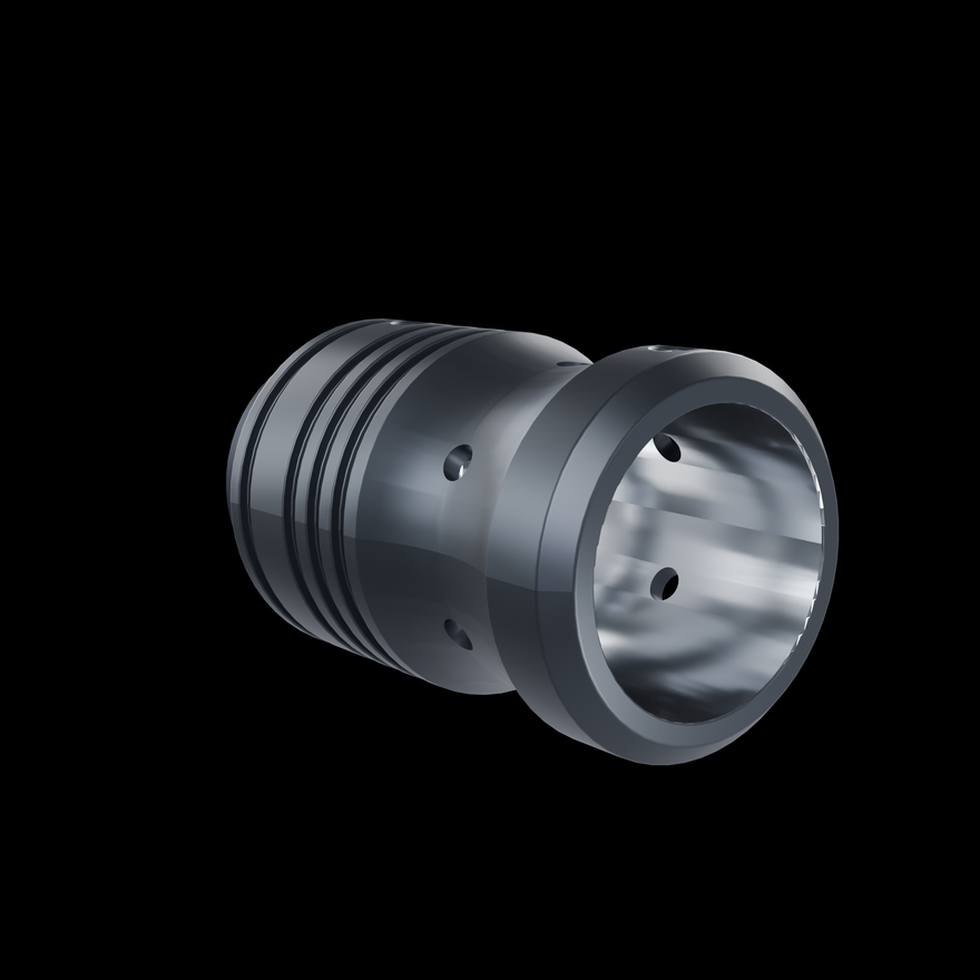 Looking into the polished aluminum bore of the RGB Critter Tube Adapter Long where the tube seats