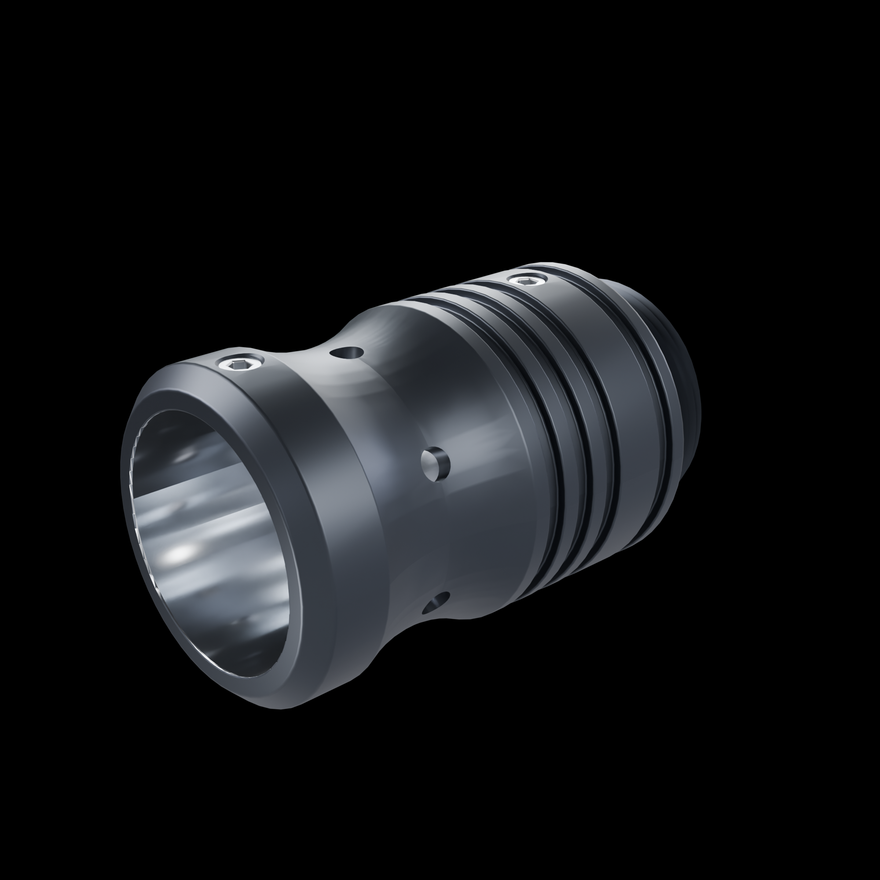 RGB Critter Tube Adapter Long seen from the tube socket end, polished bore, set screws installed