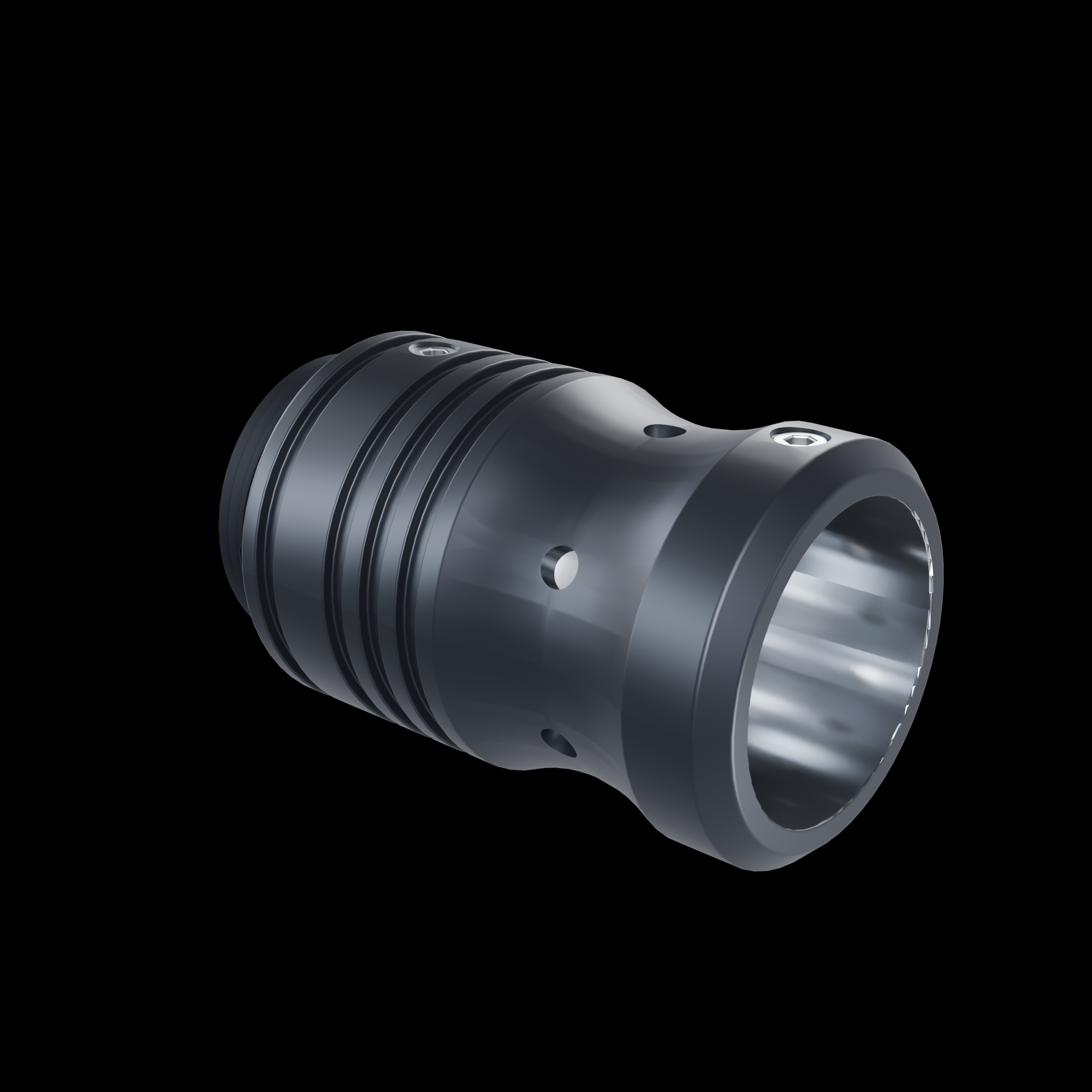RGB Critter Tube Adapter Long, anodized black aluminum with a polished bare aluminum bore, both stainless set screws installed