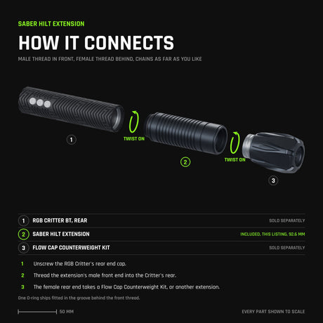 Exploded view to scale: the Saber Hilt Extension threads its male front end into the RGB Critter's rear, and its female rear end accepts a Silicone Cap Counterweight Kit, or another extension.