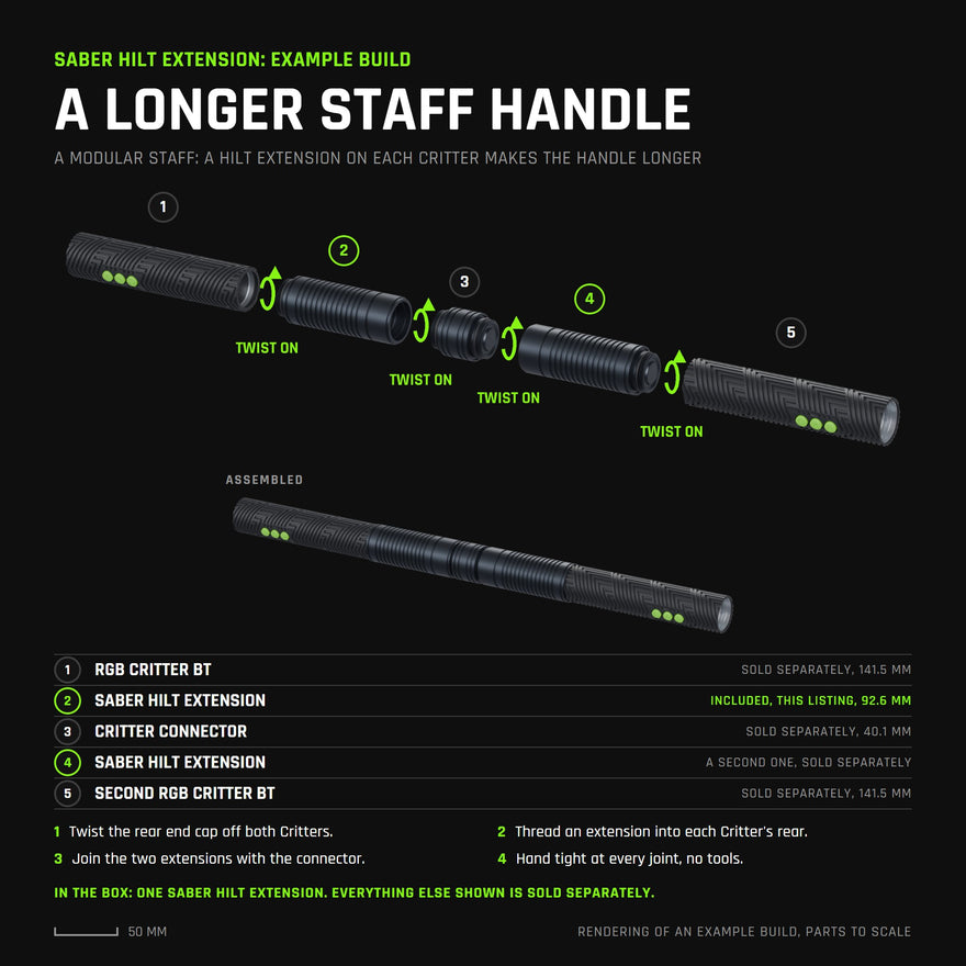 Rendering of an example build, every part to scale: a modular staff made of two RGB Critter BTs, each with a Saber Hilt Extension to make the handle longer, joined in the middle by a Critter Connector. This listing includes one Saber Hilt Extension; the Critters, the Critter Connector and the second extension are sold separately.