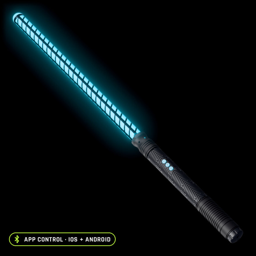 Saber Kit in the Butterfly pattern, lit blue: Butterfly saber tube on the RGB Critter BT light engine hilt, controlled from the app on iOS and Android